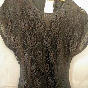 Vintage black lace & tiered ruffle chiffon skirt empire drop waist dress